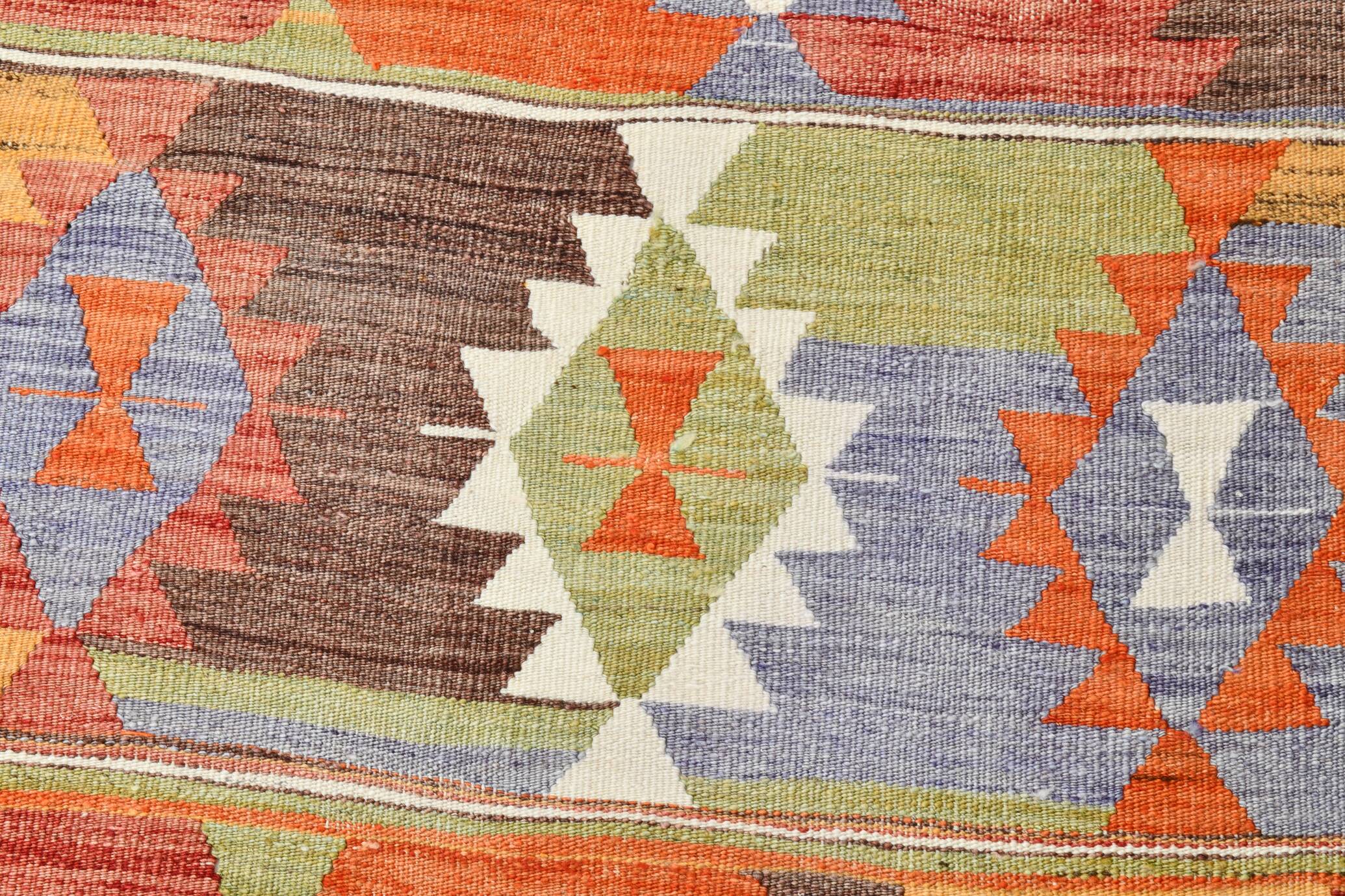 3x10 Geometric Multicolor Turkish Kilim Runner Rug,Rug For Hallway,95x295Cm