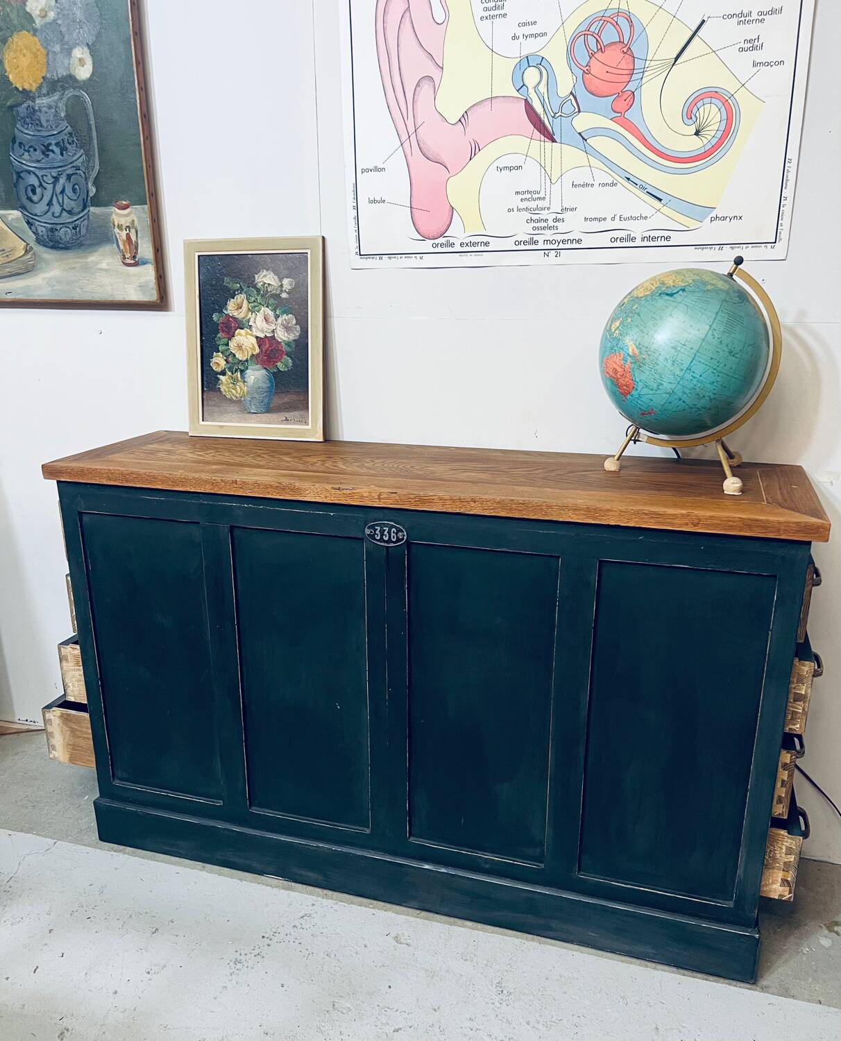 Old oak workshop drawer unit