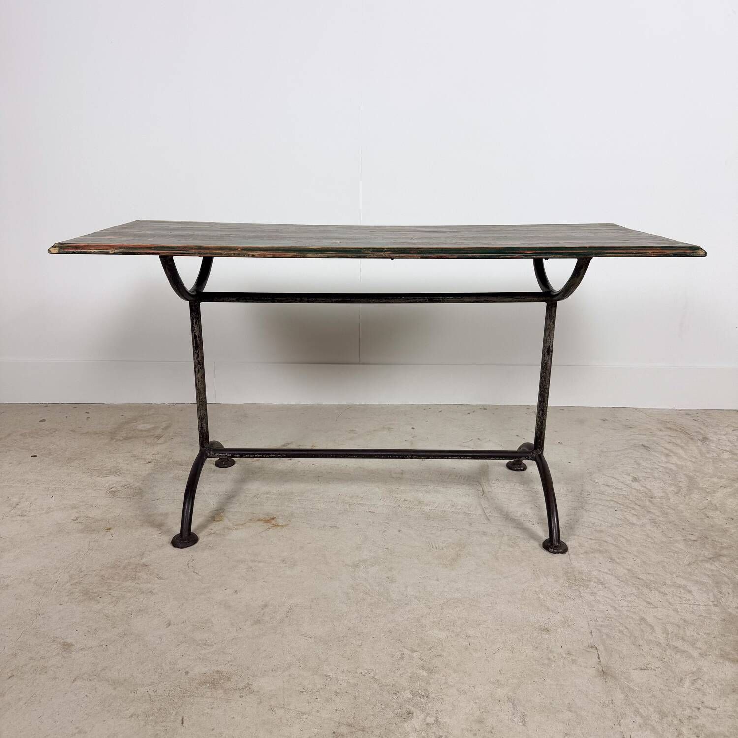 Vintage industrial bistro table with green painted wooden top