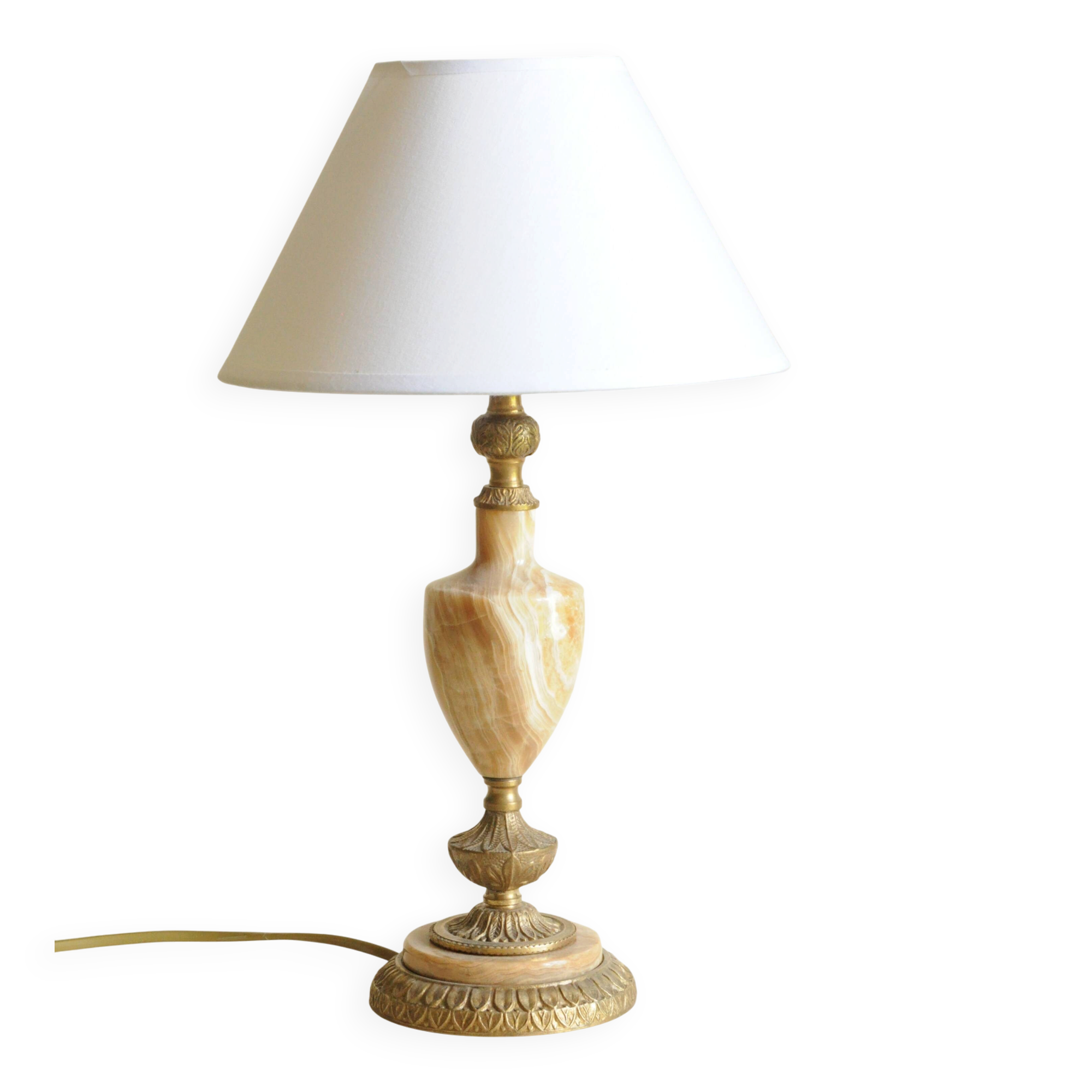 Lampe de table vintage en onyx et laiton avec abat-jour, style néoclassique