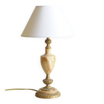 Lampe de table vintage en onyx et laiton avec abat-jour, style néoclassique