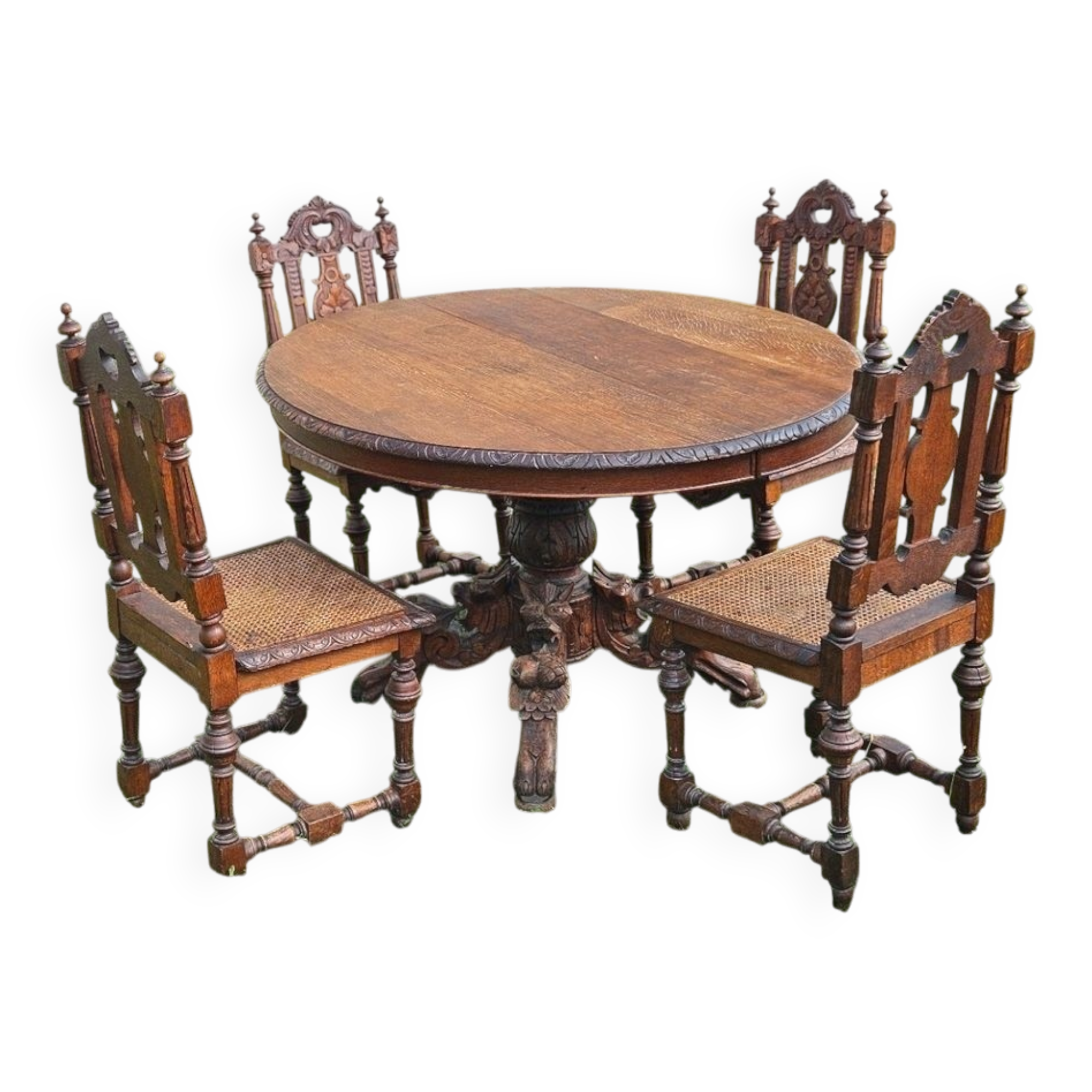 Round Table Set with 4 Characterful Carved Oak Chairs