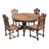Round Table Set with 4 Characterful Carved Oak Chairs