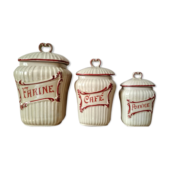 3 pots à épices poivre, café, farine en barbotine blanche et rouge