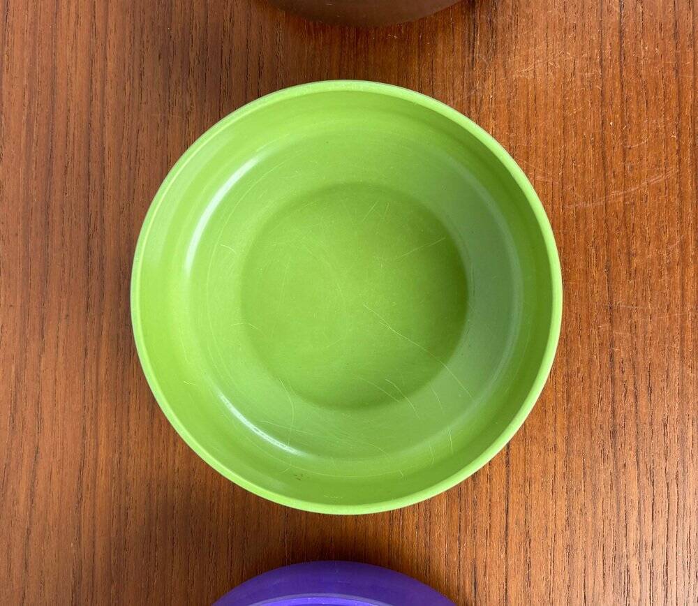 Set of 4 stackable Mepal bowls in mid-century Danish Space Age style, made by Rosti, 1960.