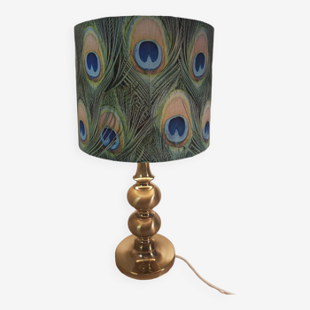 Lampe en laiton avec abat-jour motif plumes de paon