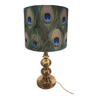 Lampe en laiton avec abat-jour motif plumes de paon