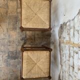Pair of 20th century wooden stools with straw seats