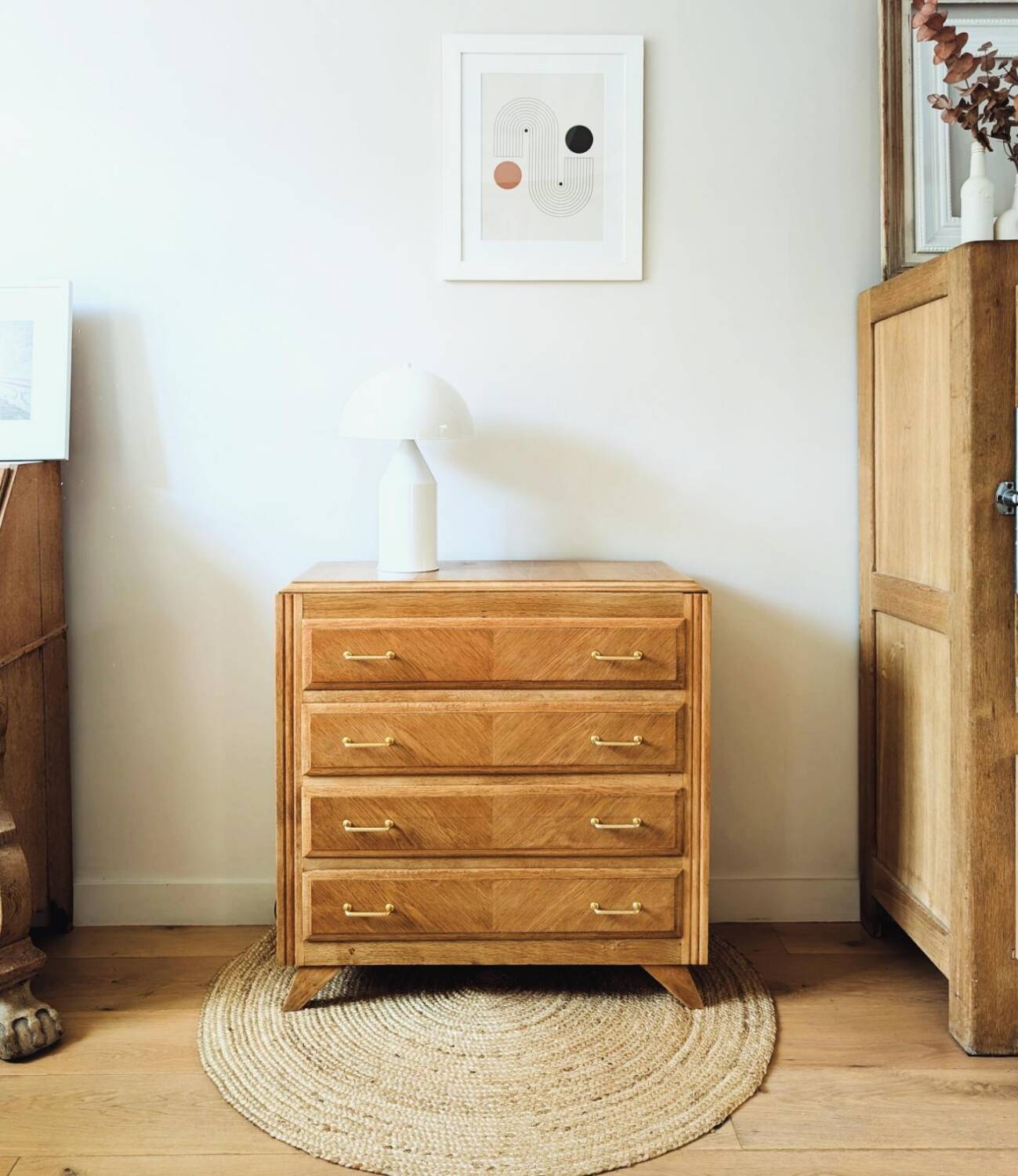 Vintage oak chest of drawers with compass feet