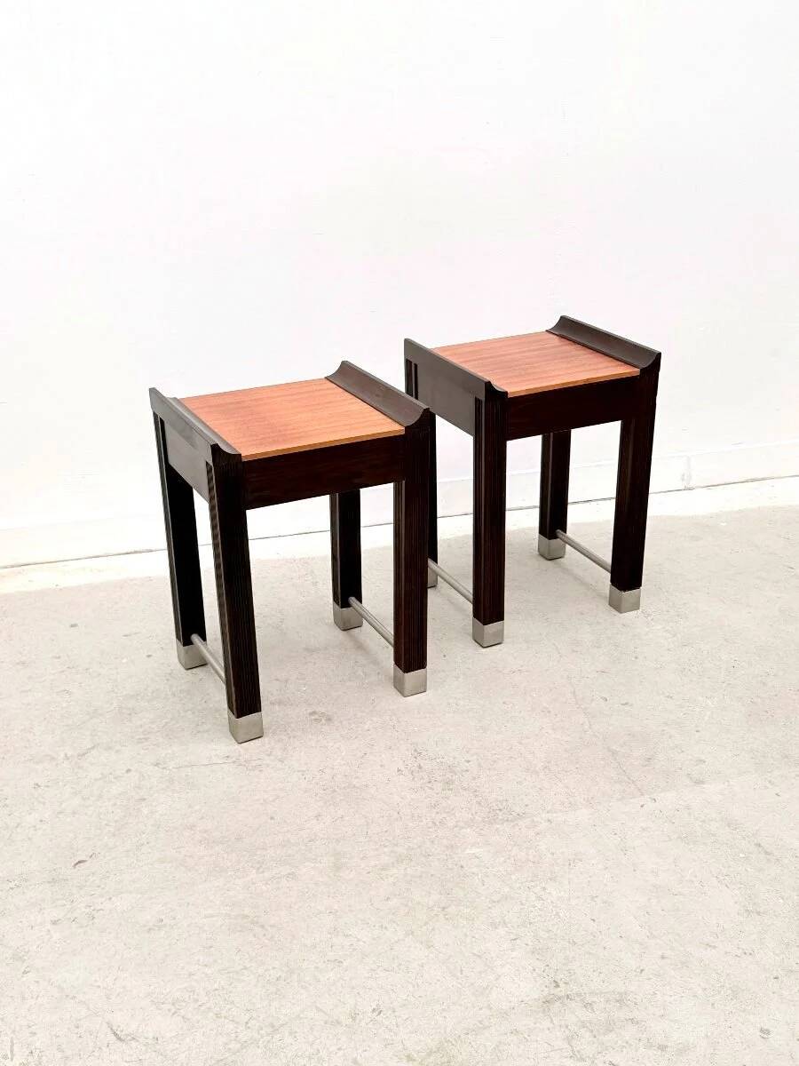 Pair of bedside tables in mahogany and stained oak, France 1980.