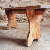 Antique pine bench – France, 1920s – Rustic wooden seat with bell