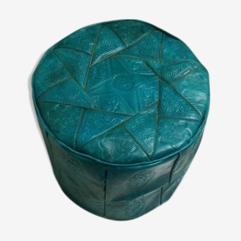 Moroccan blue pouf in real leather, ottoman leather