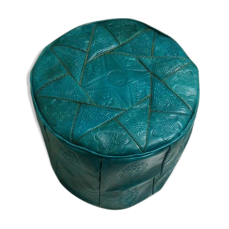 Pouf bleu marocain en vrai cuir, ottoman en cuir