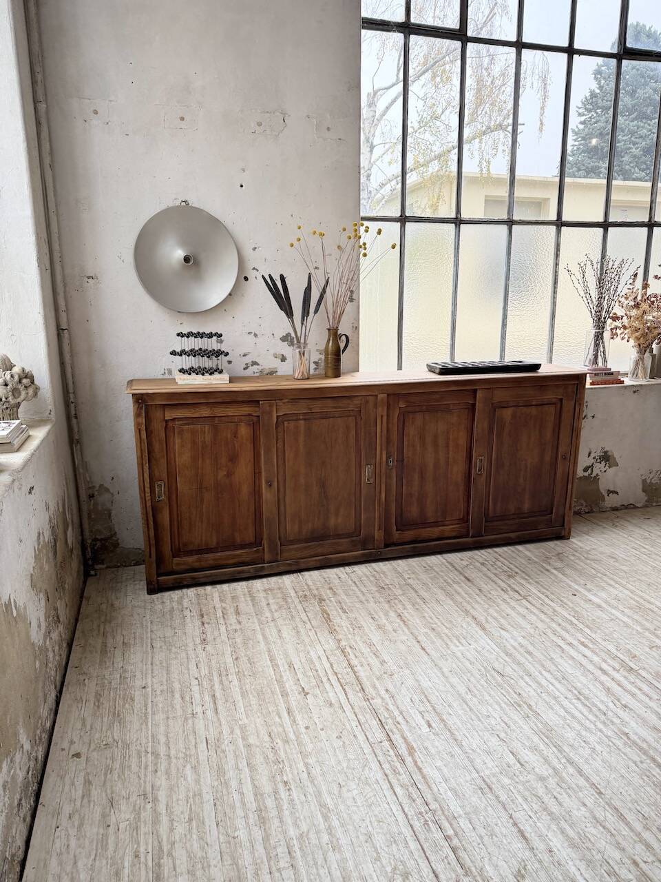 XL oak workshop sideboard with sliding doors from 1900