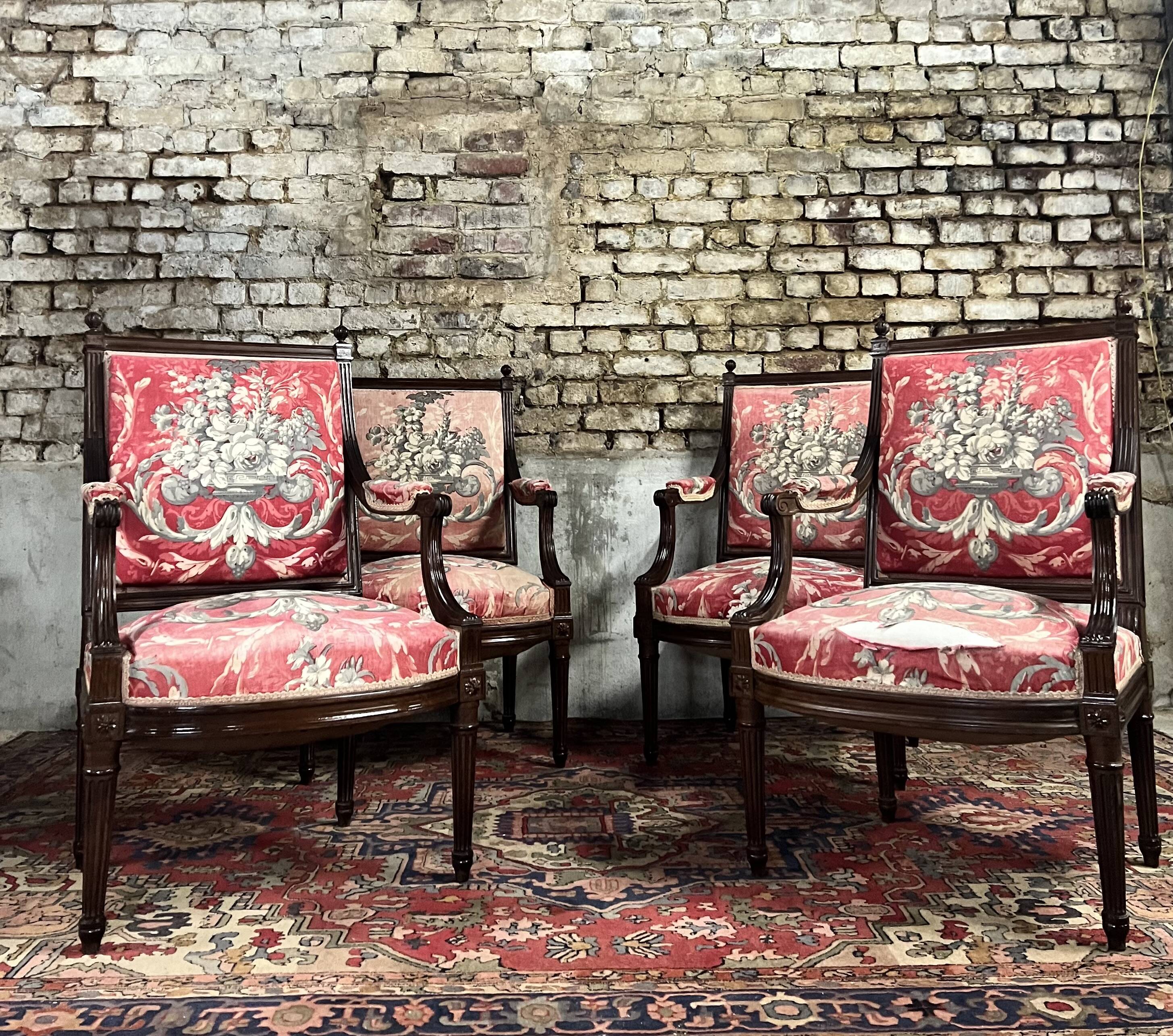 Suite of four queen's armchairs in louis xvi style mahogany xix eme century