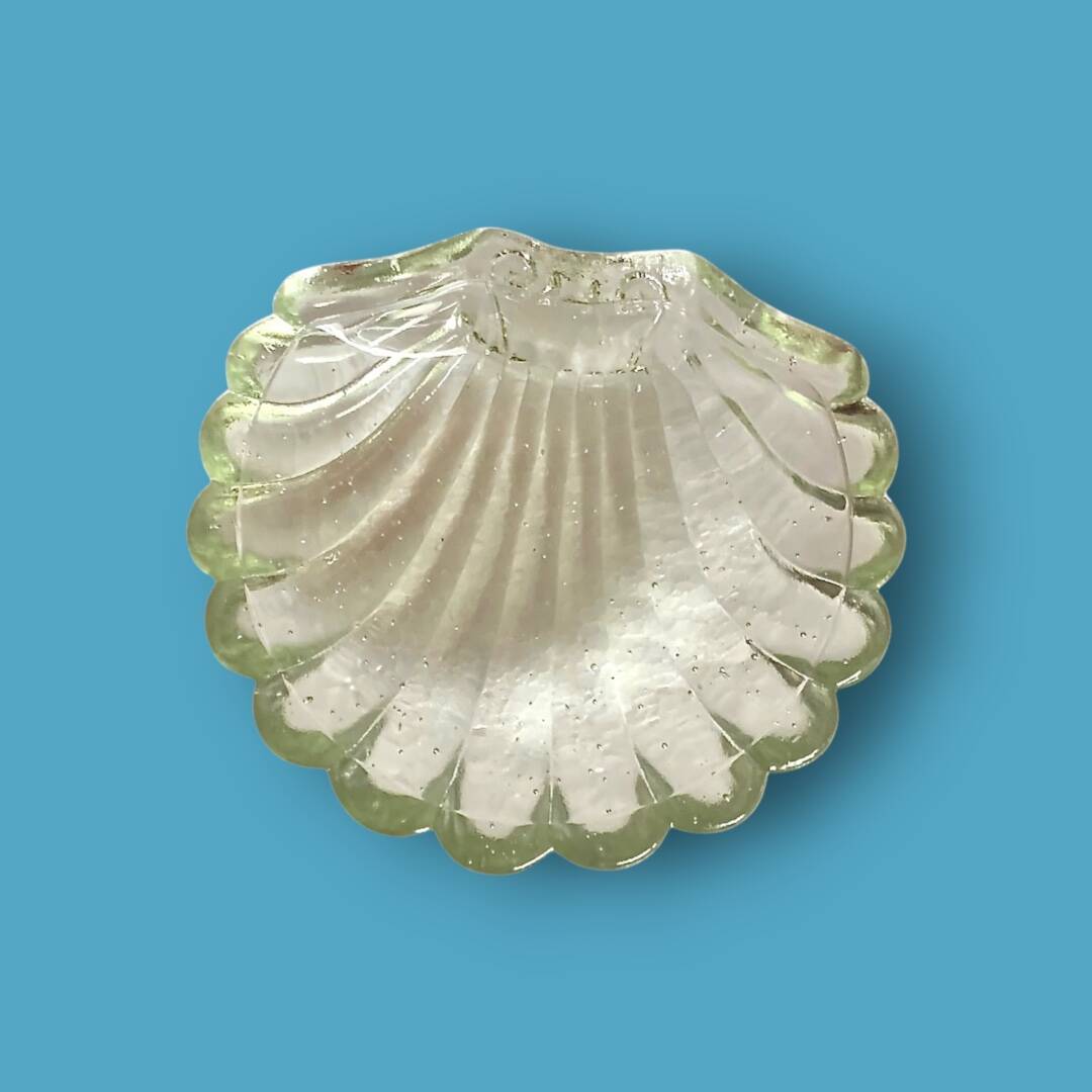 Vintage stainless steel and glass shell butter dish with knife - in its box