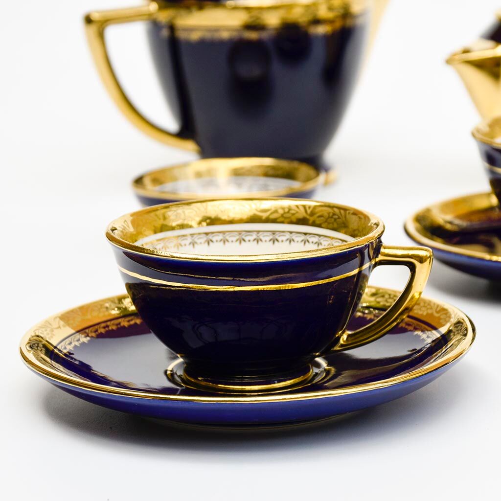 Coffee service Kréma Lafitte Asnières porcelain gold blue ⋆ Brocante Chic