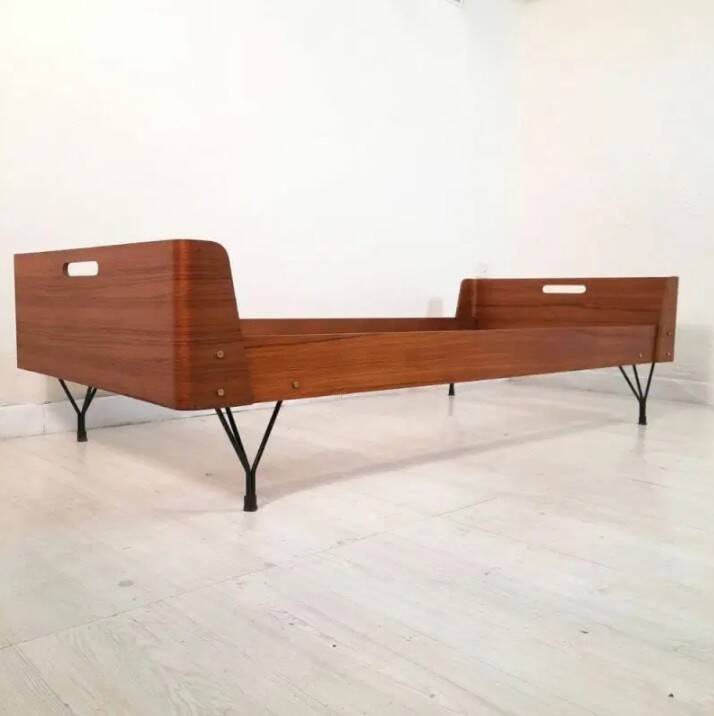 Bed manufacturer Rima, curved teak and painted iron feet, 70s