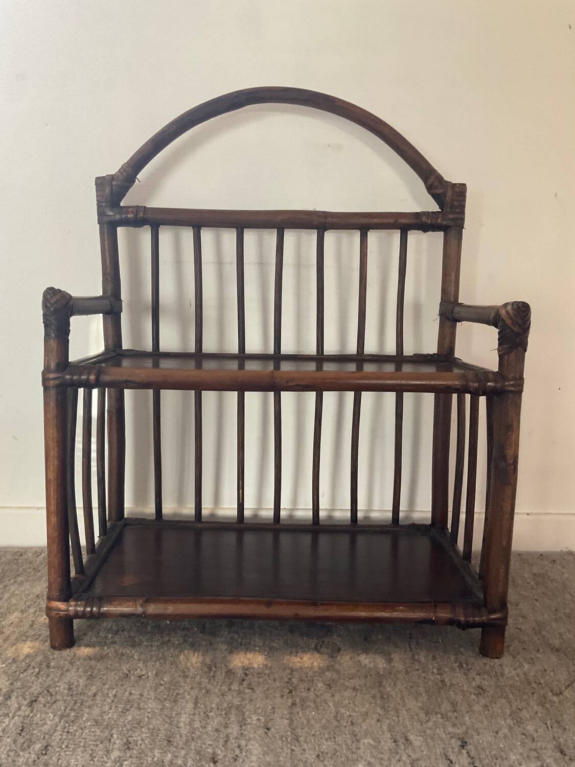 Vintage rattan and wood shelf from the 70s