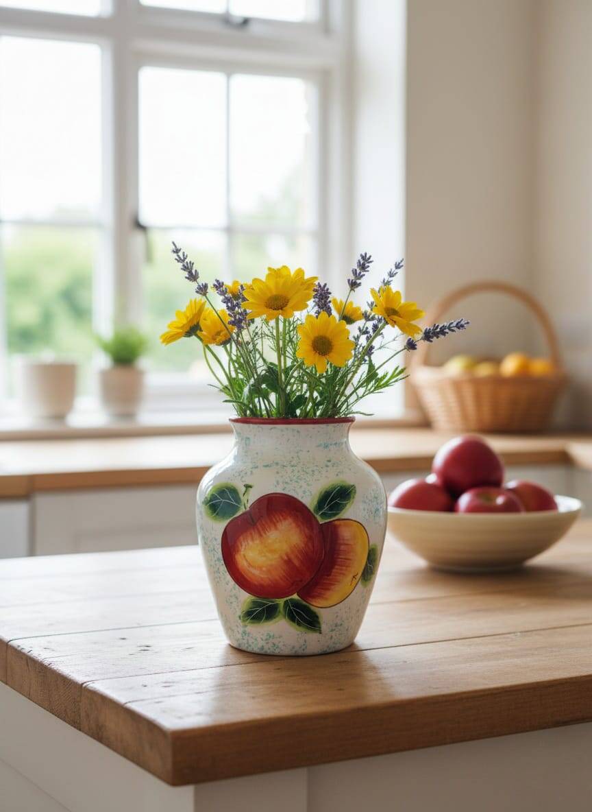 White Ceramic Vase with Peach and Leaf Motifs