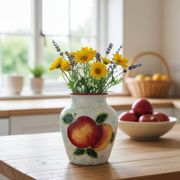 White Ceramic Vase with Peach and Leaf Motifs
