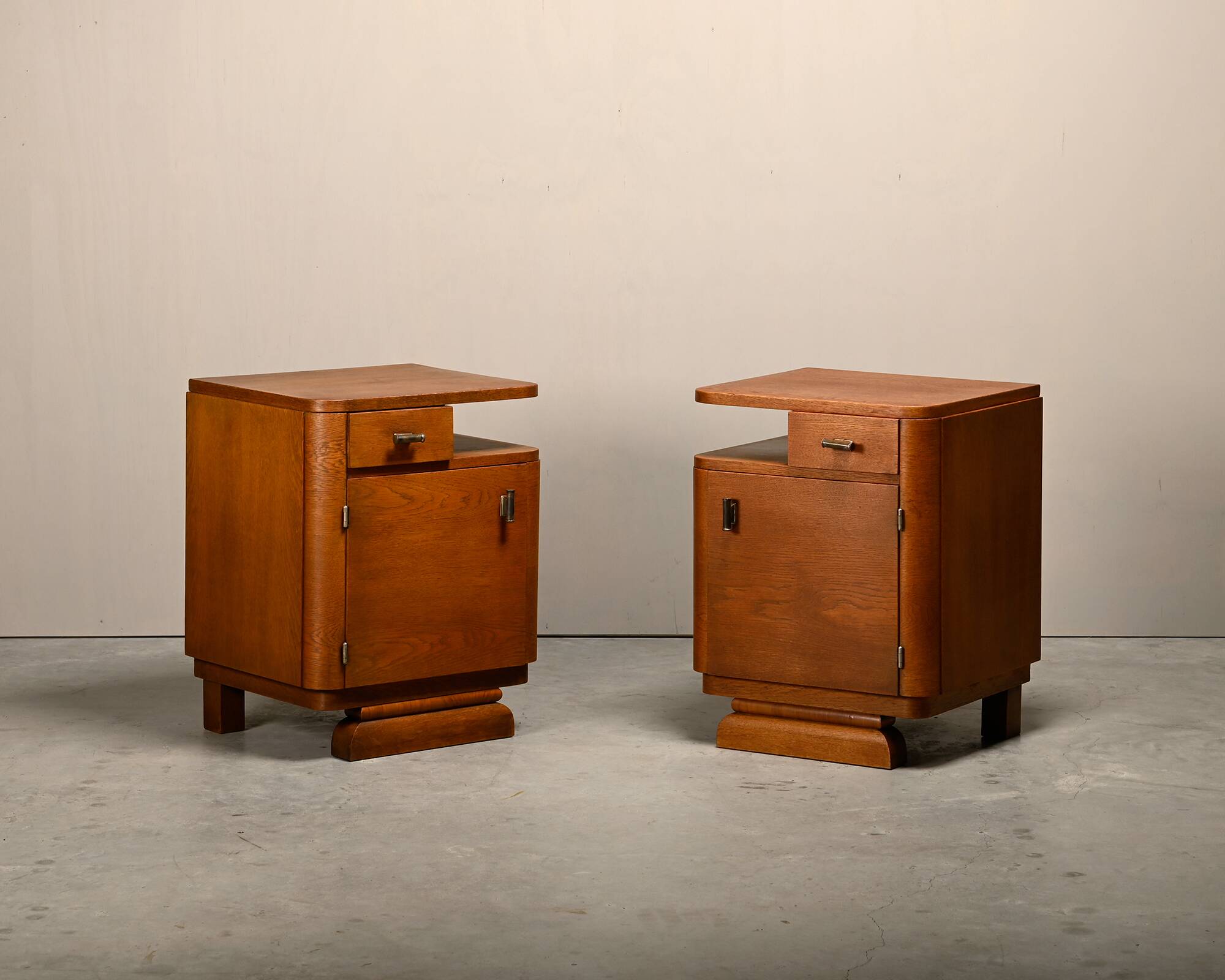 Pair Art Deco Nightstands or Bedside tables Oak and Glass, Netherlands, 193
