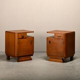 Pair Art Deco Nightstands or Bedside tables Oak and Glass, Netherlands, 193