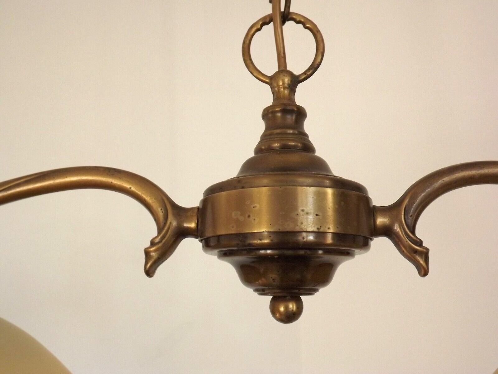 French Mid Century Bronze Billiard Light 2 Cream Amber Round Glass Shades 3921