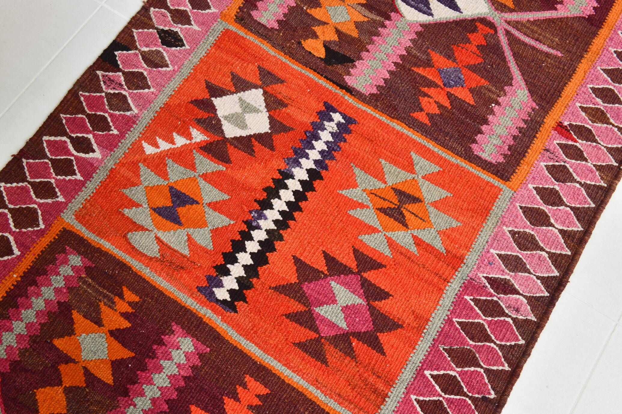 3x11 Pink Brown Vintage Kilim Runner Rug, 104x328Cm