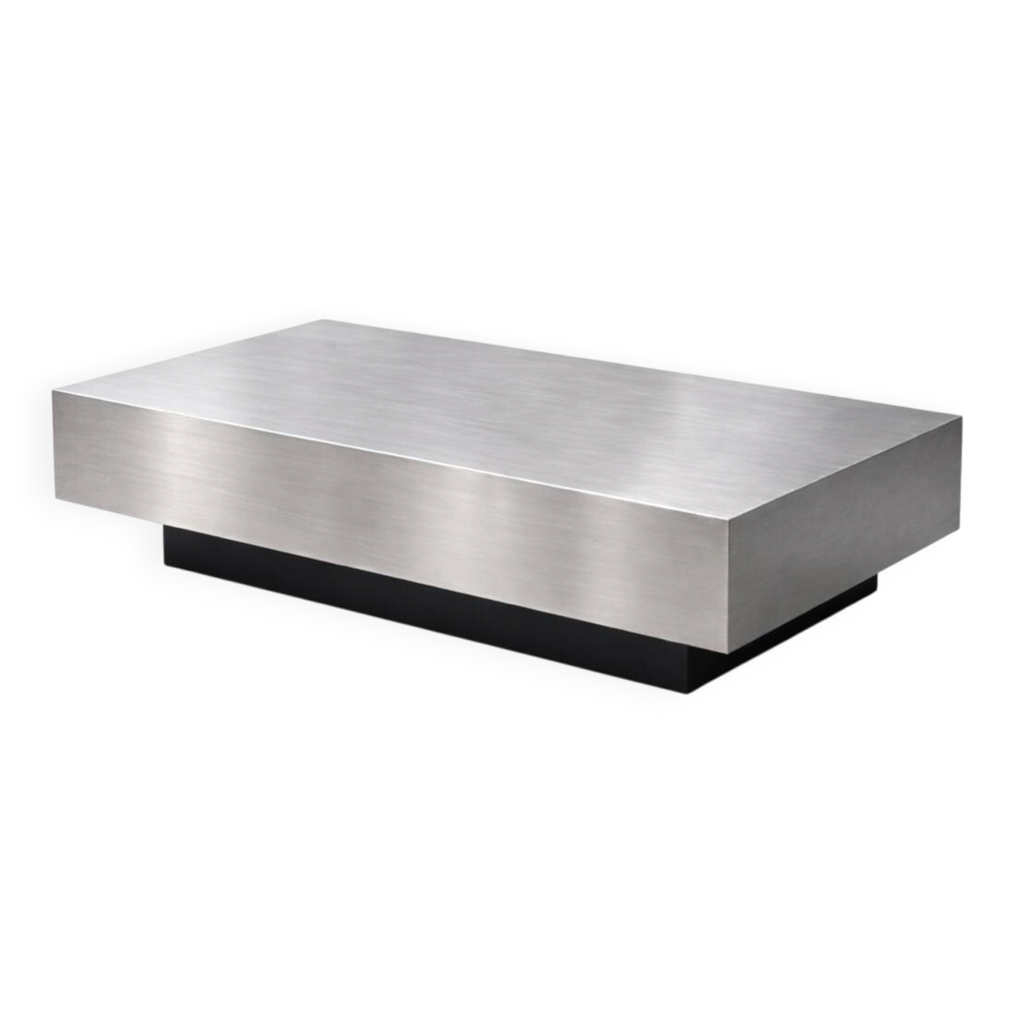 Table basse sculpturale flottante en aluminium brossé avec base noire