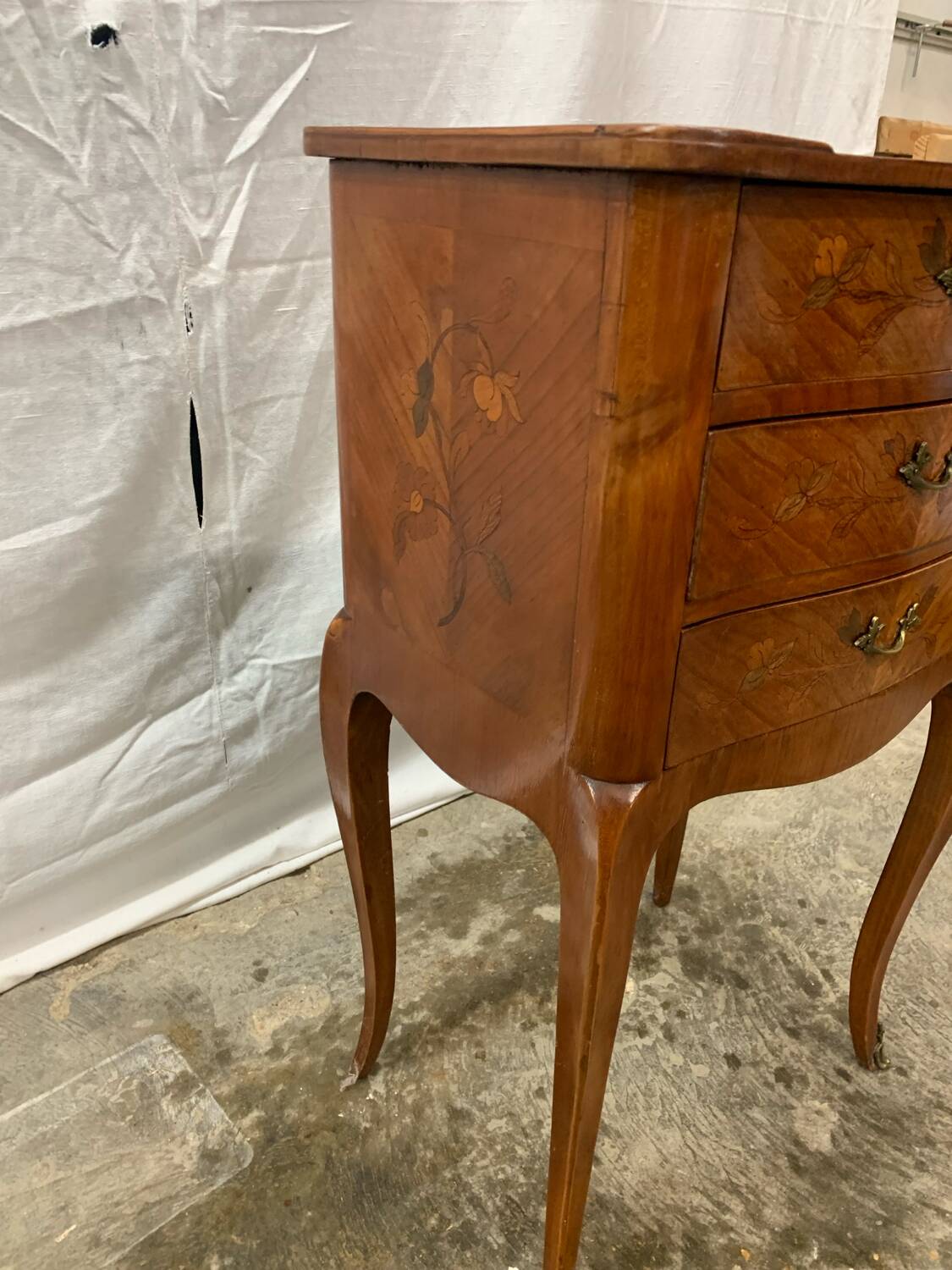 Louis XV style marquetry bedside table with floral flower