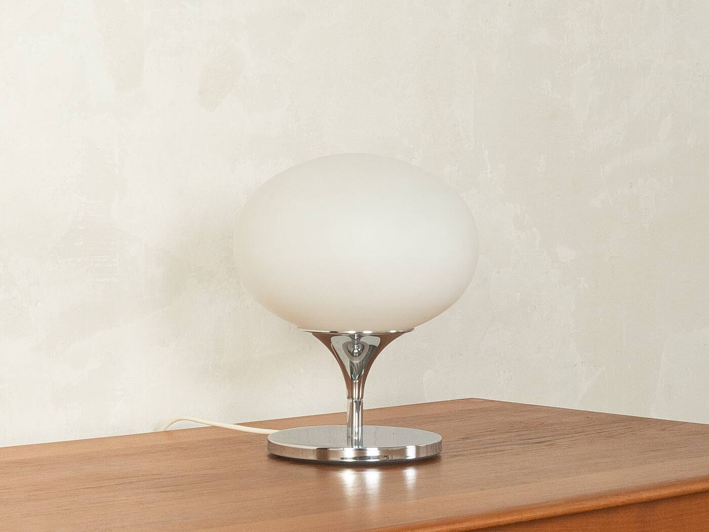 Kaiser Leuchten table lamp, 1970s, space age design, chrome and opal glass