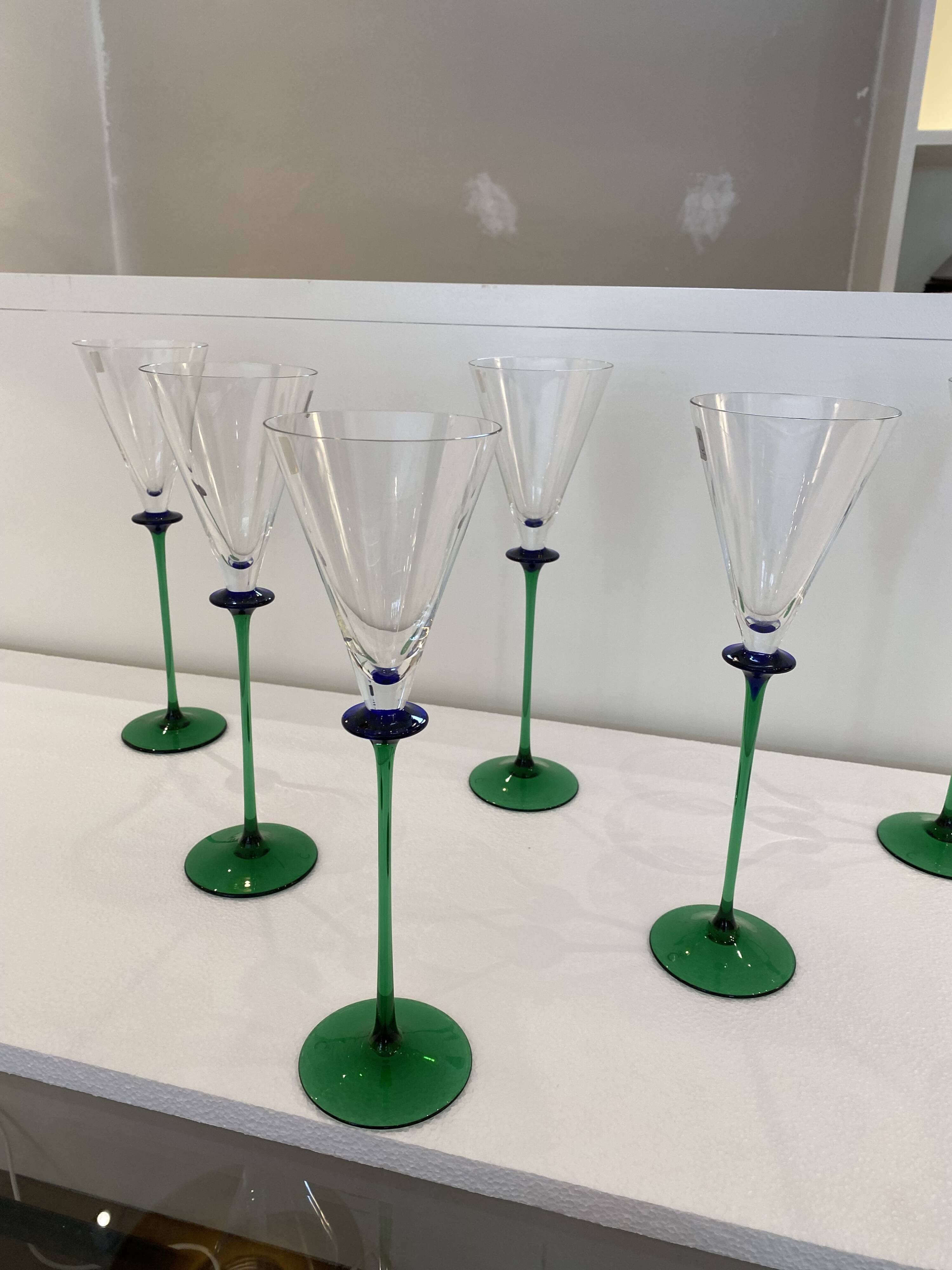 A Set of 6 Hand-blown Emerald Green Cobalt Blue Stem Champagne Flutes Art