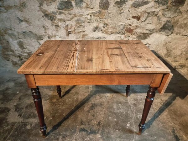 Table française vintage en pin avec côté extensible vers 1930, table de cuisine ou bureau
