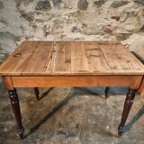 Vintage French pine table with extendable side, circa 1930, suitable for kitchen or office use.