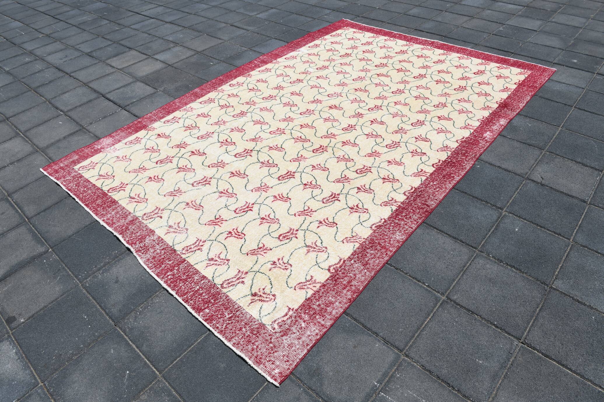 Beige & Burgundy Bordered  Floral Turkish Rug, Neutral Wool Rug, 194x290 Cm