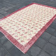 Beige & Burgundy Bordered  Floral Turkish Rug, Neutral Wool Rug, 194x290 Cm