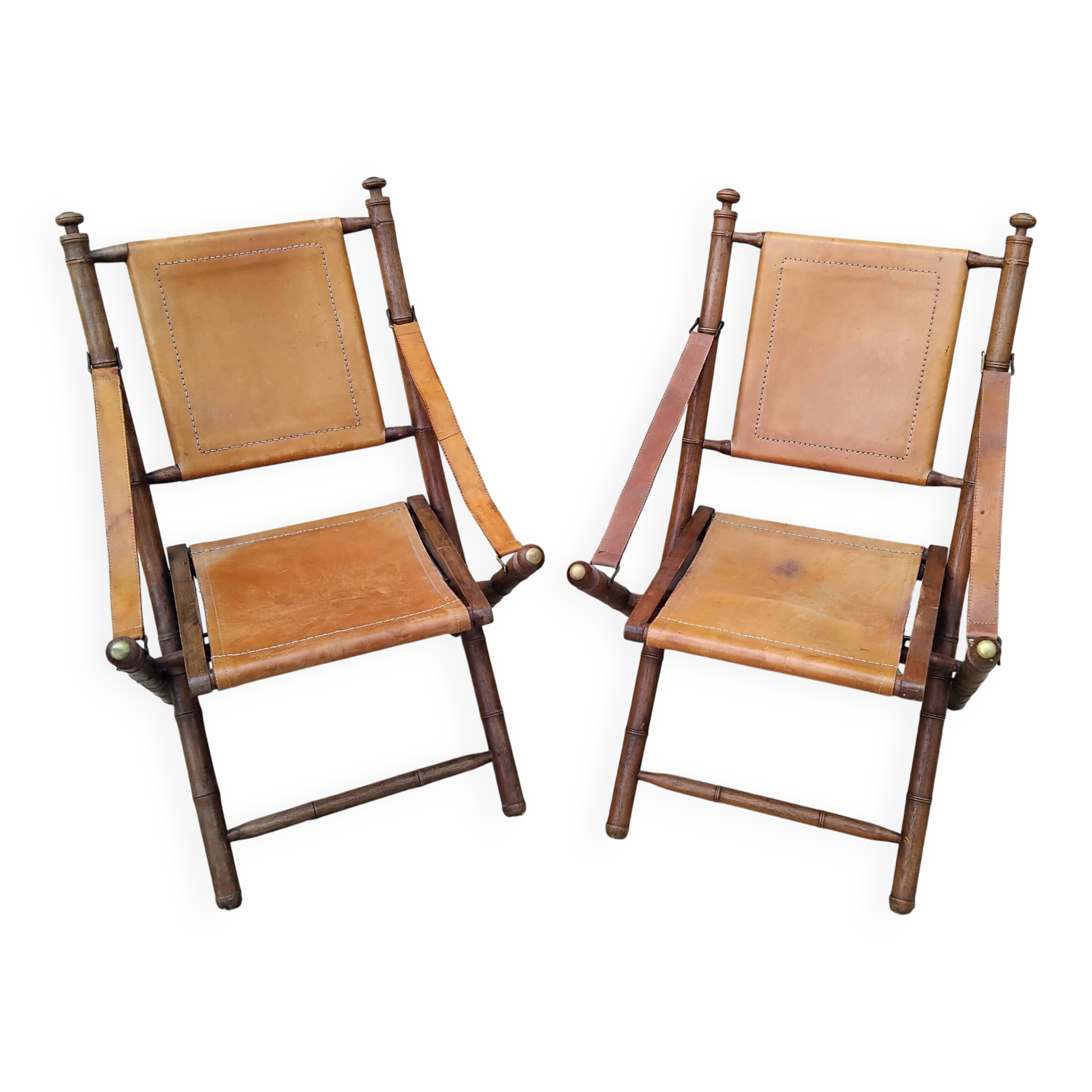 Vintage leather and wood folding chair SAFARI pair
