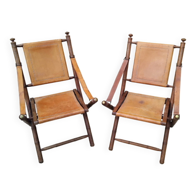 Paire de chaise SAFARI pliante vintage cuir bois