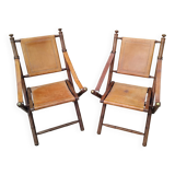Vintage leather and wood folding chair SAFARI pair
