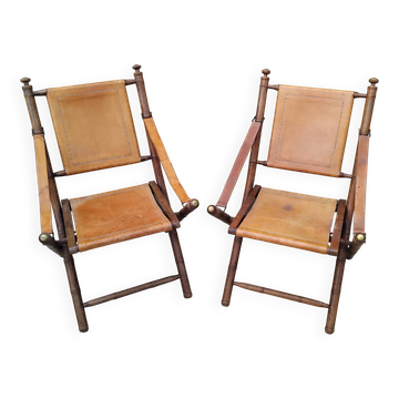 Vintage leather and wood folding chair SAFARI pair