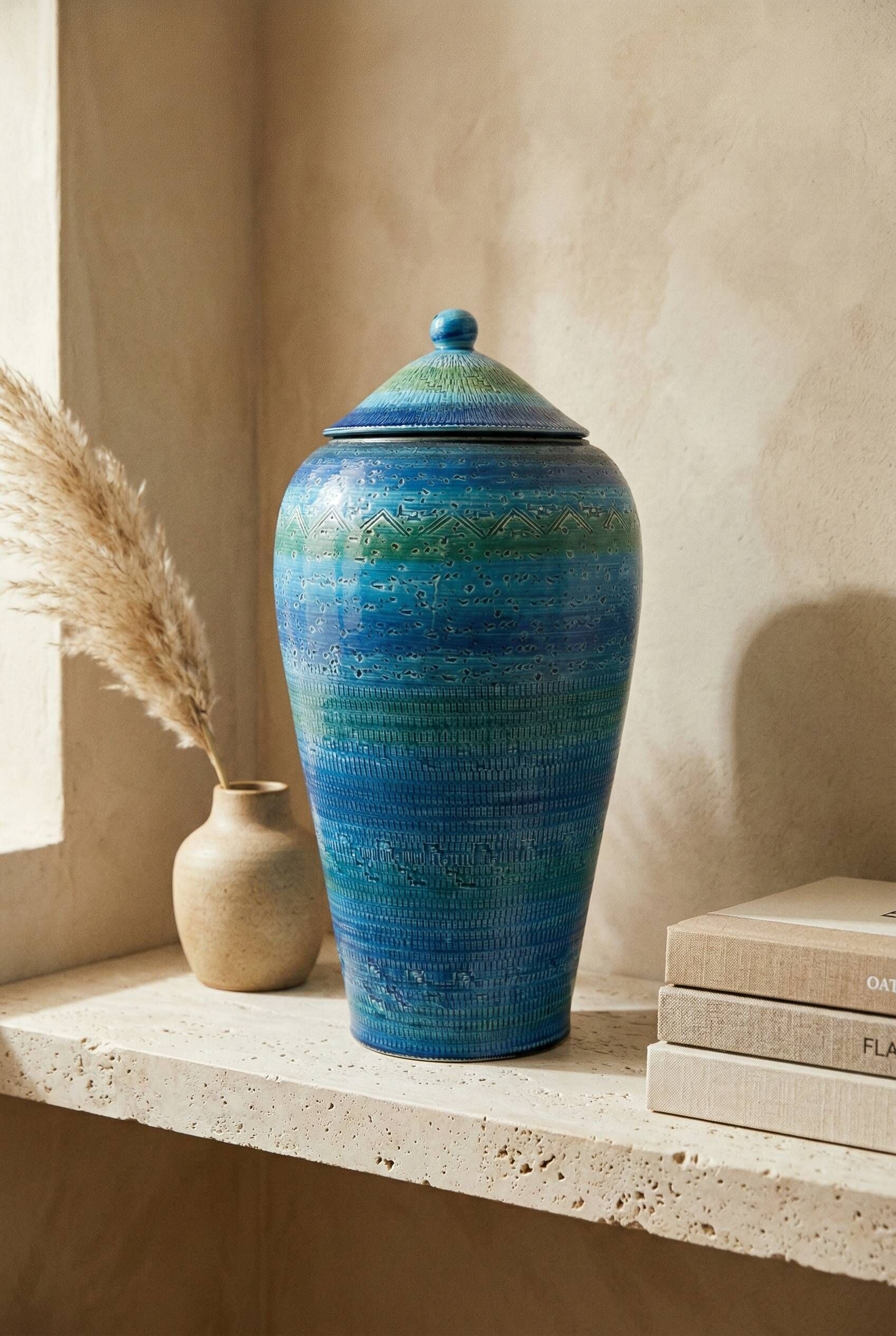 Covered vase Londi for Bitossi, Rimini Blue, ceramic, Italy, 1960