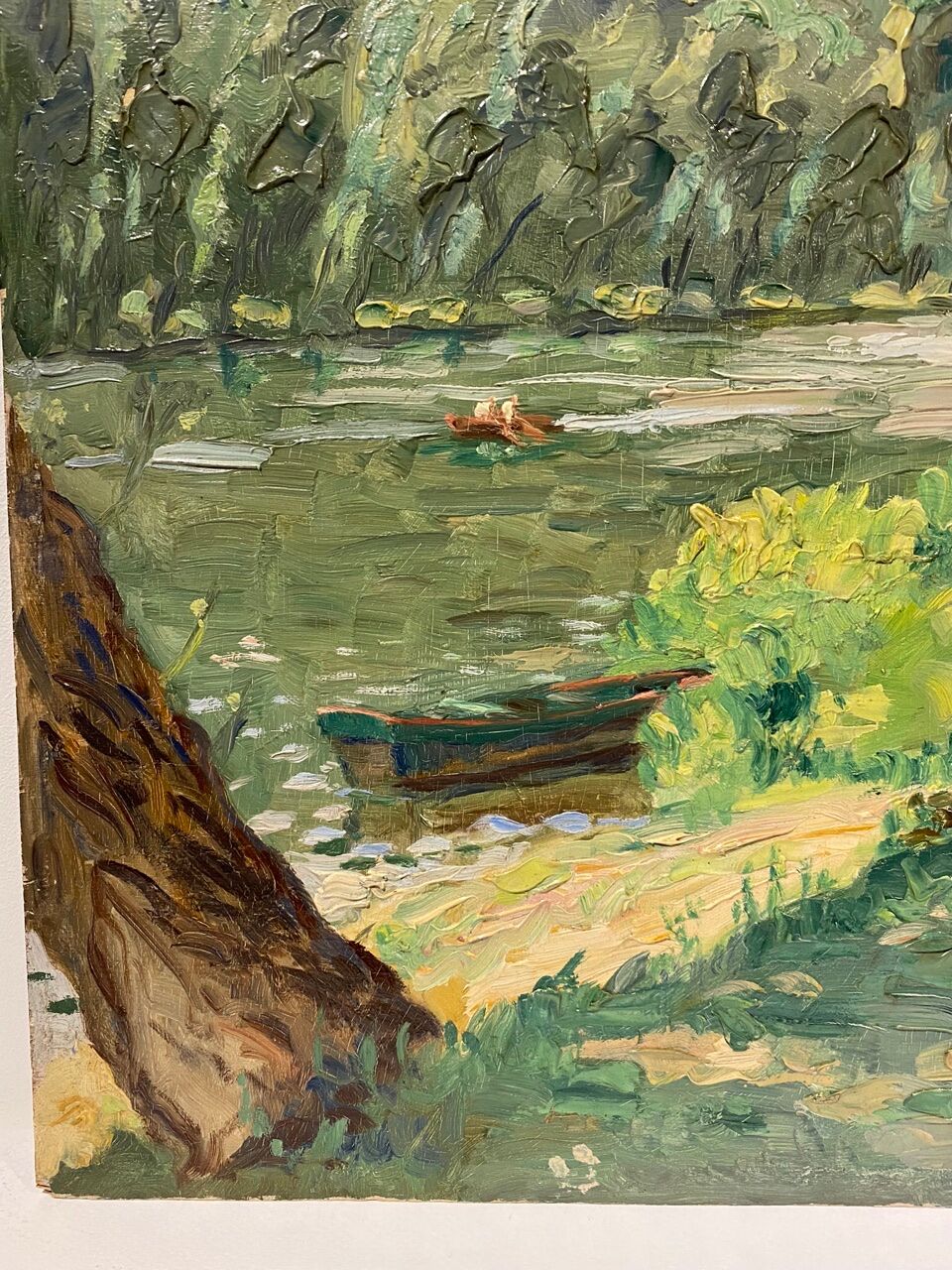 Tableau ancien, paysage, bord de rivière, années 50/60