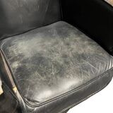 Pair of leather armchairs with marquetry armrests