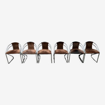 6 chaises design vintage chrome et daim
