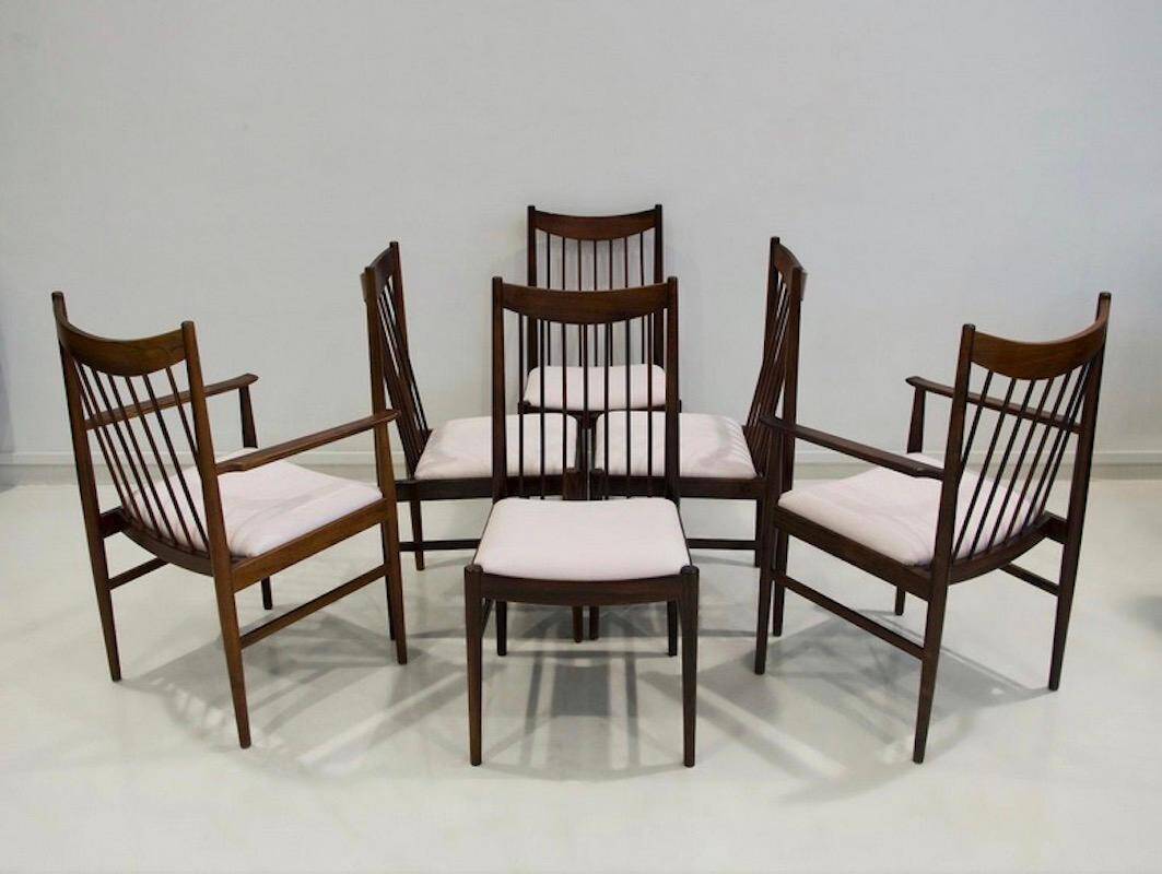 Set of six wooden dining chairs Arne Vodder Model No 422 with fabric upholstery.
