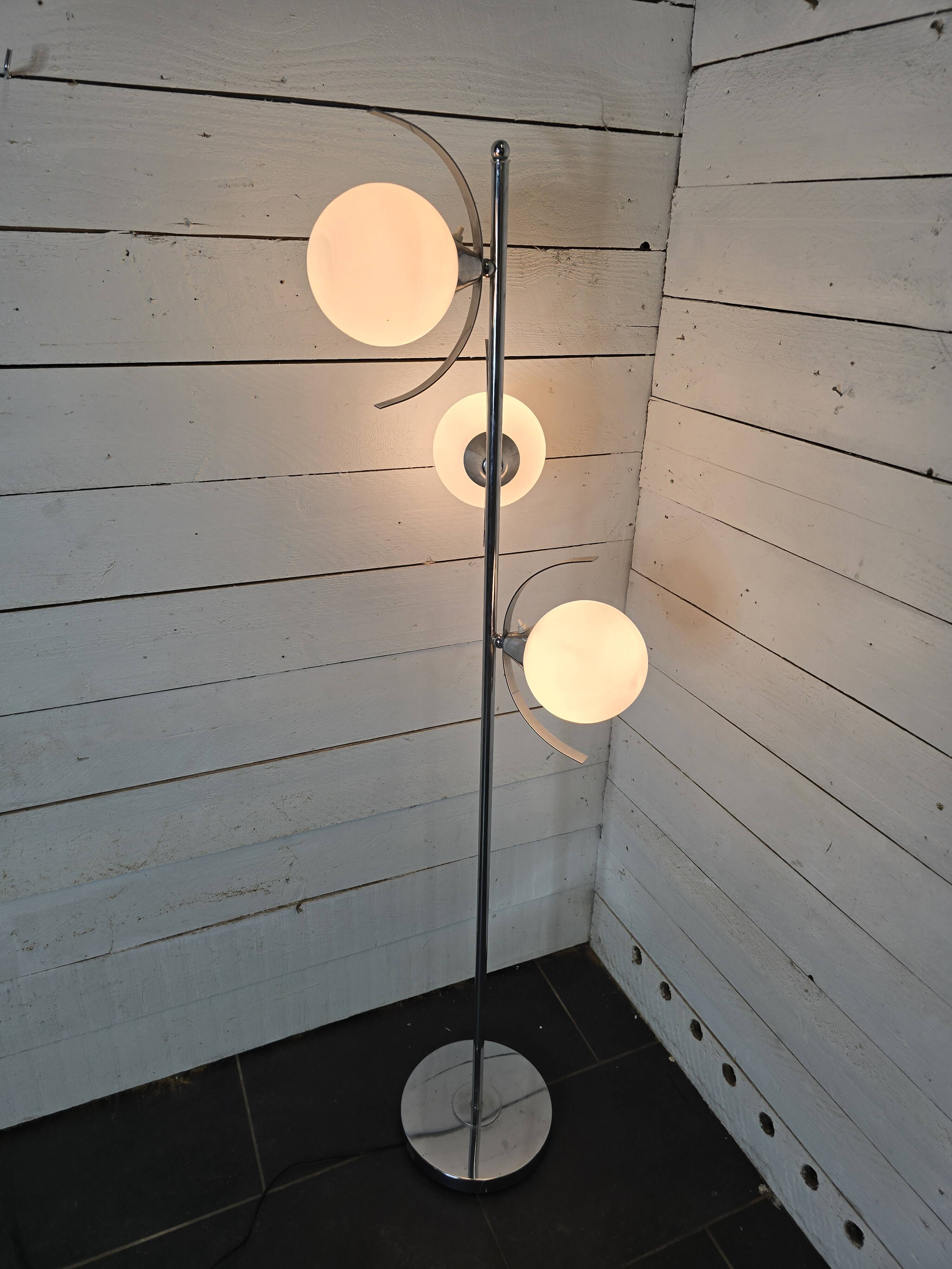 70s chrome metal floor lamp with 3 opaline ball lights