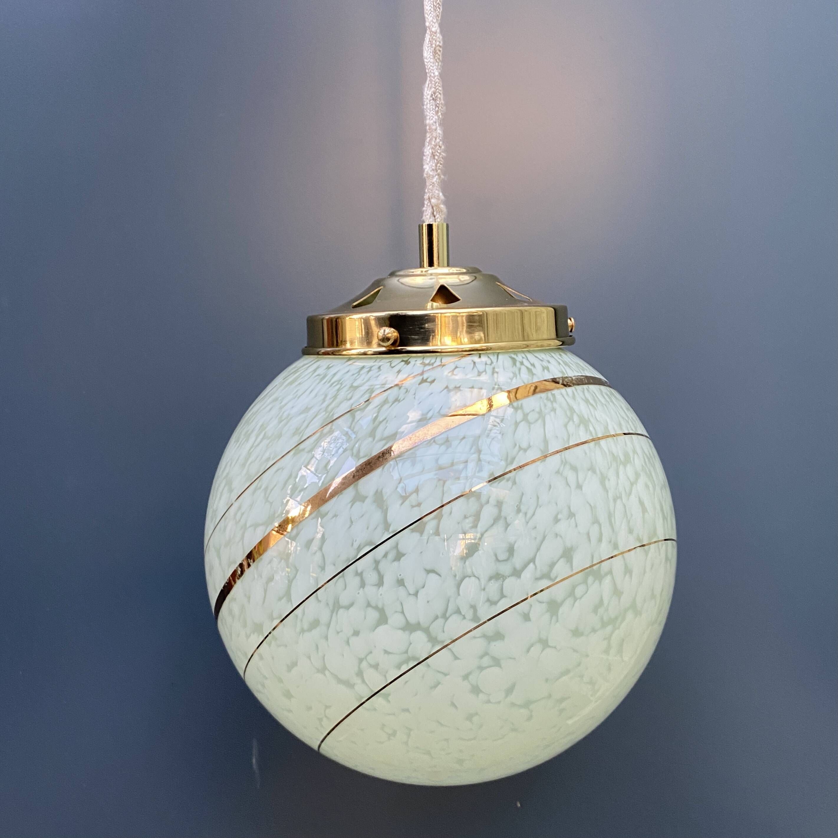Vintage art deco globe pendant light in mint and gold clichy glass
