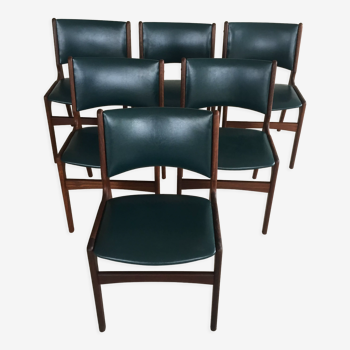 Ensemble de six chaises de salle à manger restaurées Erik Buch en teck massif, rembourrage personnalisé