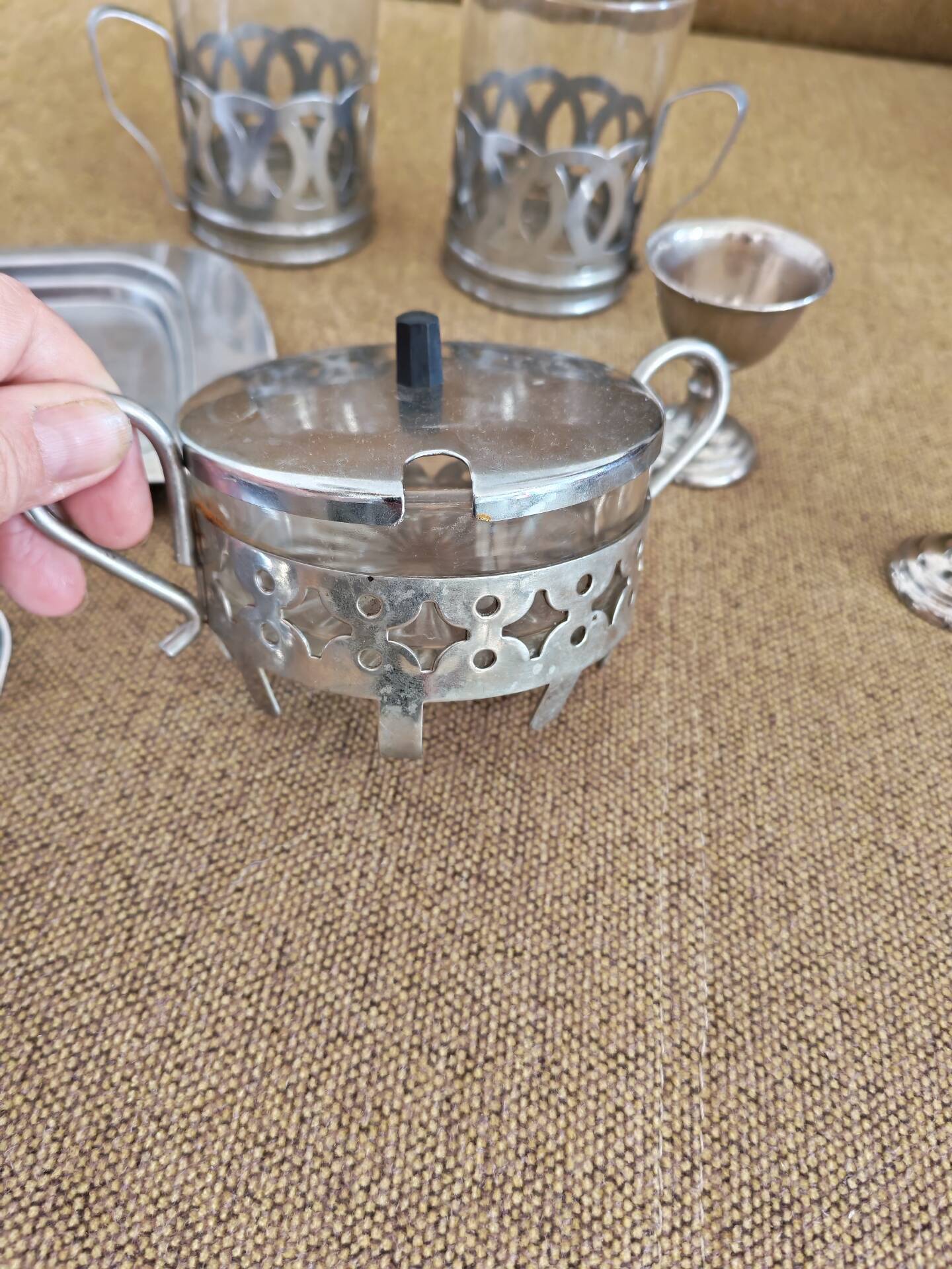 Vintage glass and silver metal breakfast set